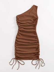 SHEIN BAE Vestido ajustado con nudo lateral fruncido de un hombro - Café integral - Ver 2