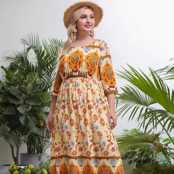

Plus Floral Scoop Neck A-line Dress Without Belt, Multicolor