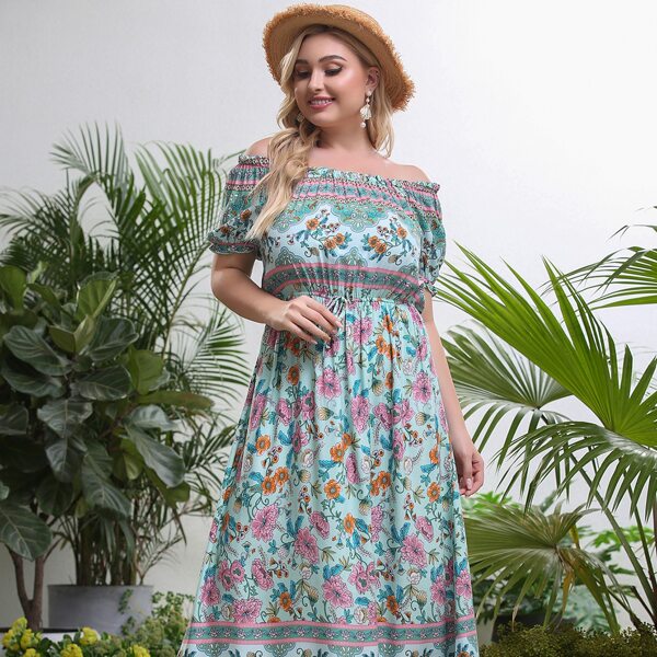 

Plus Floral Bardot Drawstring Waist A-line Dress, Multicolor