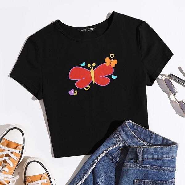 

Butterfly Sleeve Crop Tee, Black