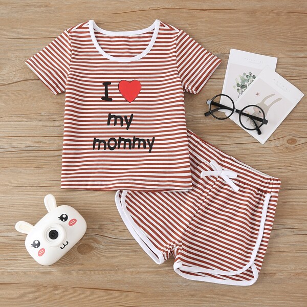 

Toddler Girls Stripe Slogan Graphic Tee With Track Shorts, Burnt orange