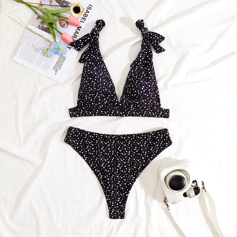 

Dalmatian Pattern Tie Shoulder Bikini Swimsuit, Black