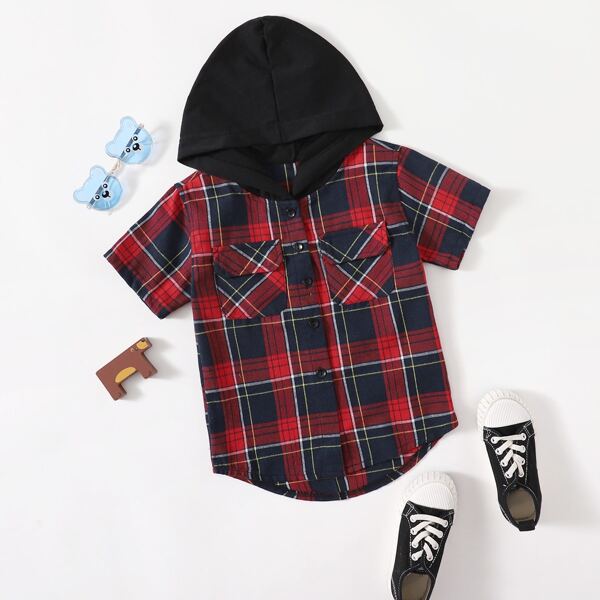 

Toddler Boys Plaid Button Up Hooded Shirt, Multicolor