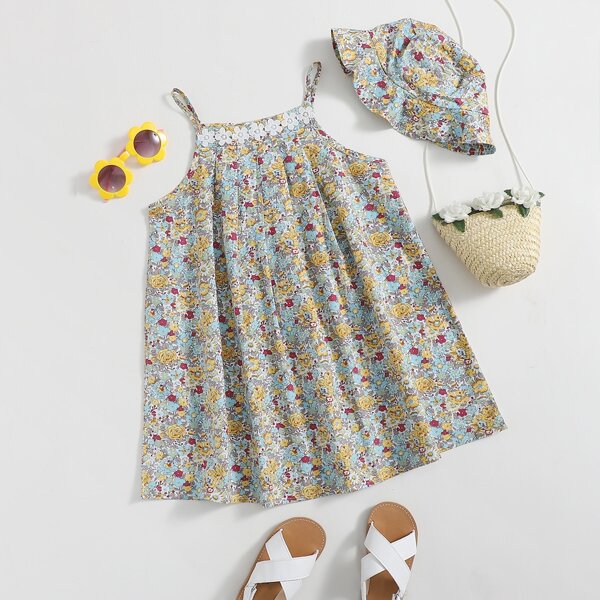 

Toddler Girls Floral Contrast Guipure Lace Cami Dress With Hat, Multicolor