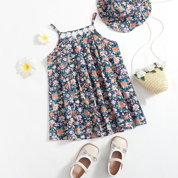 

Toddler Girls Floral Contrast Guipure Lace Cami Dress With Hat, Multicolor