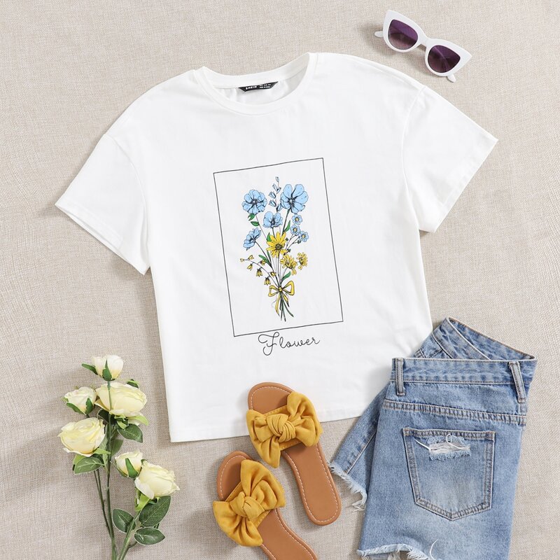 

Letter and Floral Print Top, White