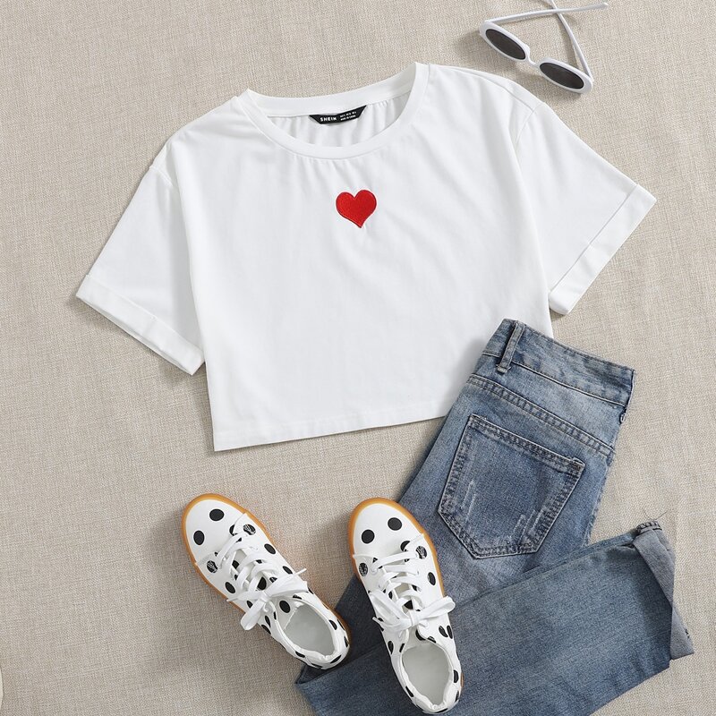 

Rolled Cuff Heart Embroidered Top, White