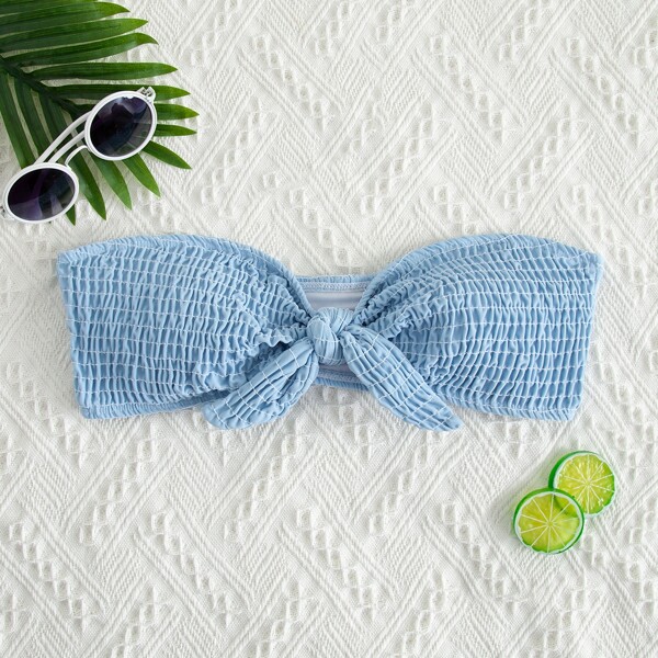 

Smocked Knot Front Bandeau Bikini Top, Baby blue