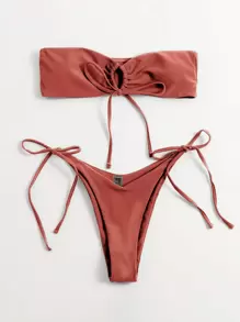 Conjunto de bikini con parte superior tipo bandeau y Bottom con lazos laterales, perfecto para el verano y las vacaciones en la playa - Rosa Oxidada - Ver 1