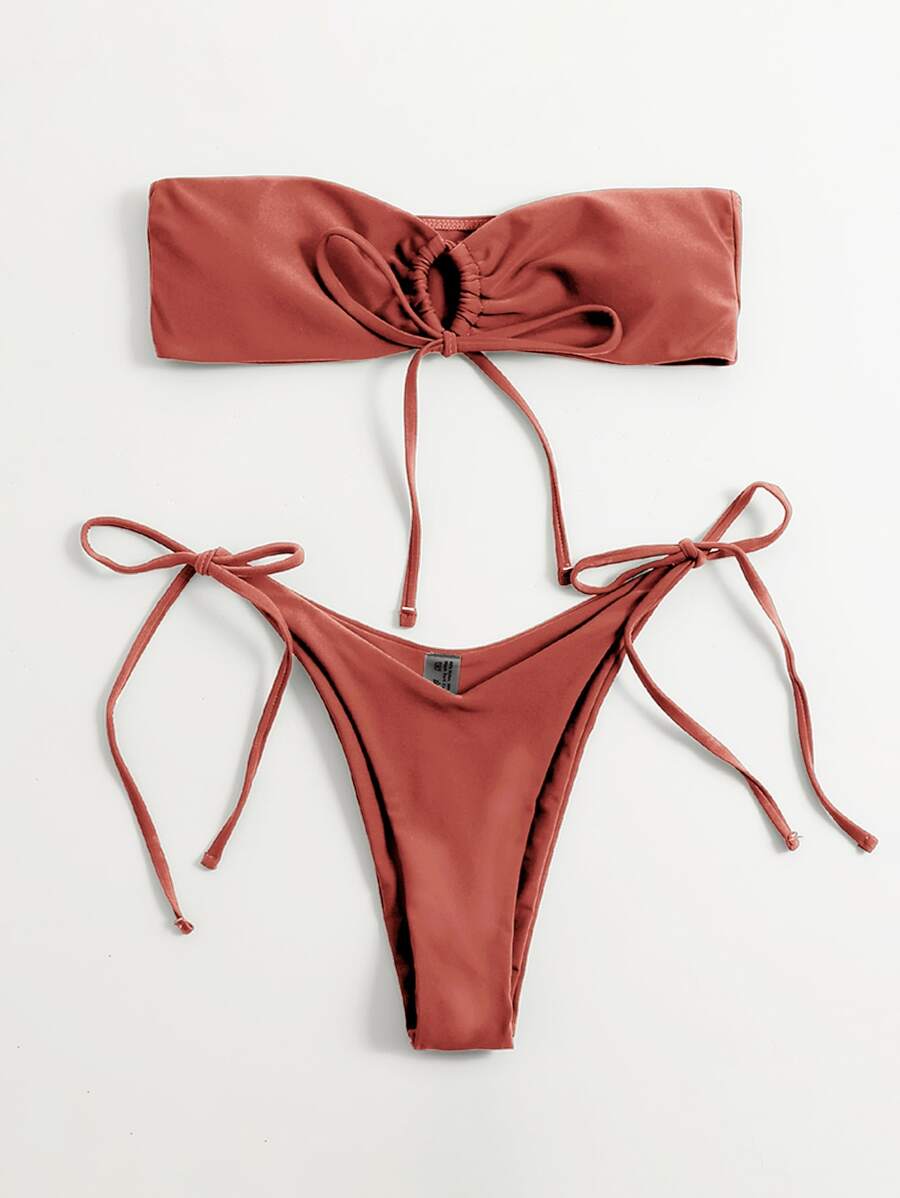 Conjunto de bikini con parte superior tipo bandeau y Bottom con lazos laterales, perfecto para el verano y las vacaciones en la playa - Rosa Oxidada - Ver 1