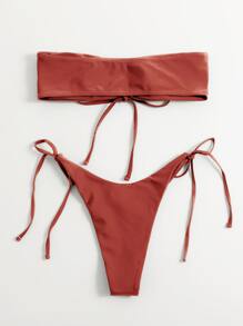 Conjunto de bikini con parte superior tipo bandeau y Bottom con lazos laterales, perfecto para el verano y las vacaciones en la playa - Rosa Oxidada - Ver 2