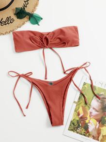 Conjunto de bikini con parte superior tipo bandeau y Bottom con lazos laterales, perfecto para el verano y las vacaciones en la playa - Rosa Oxidada - Ver 3