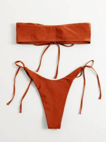 Self Tie Bandeau High Cut Bikini Set, For Summer Beach Vacation - Orange - View 2