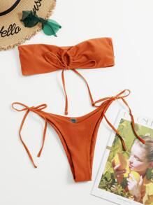 Self Tie Bandeau High Cut Bikini Set, For Summer Beach Vacation - Orange - View 3