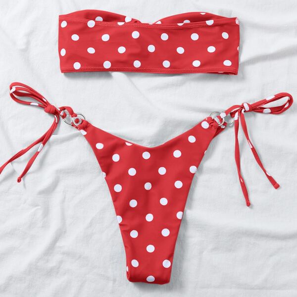 

Polka Dot Ring Linked Bandeau Bikini Swimsuit, Red and white