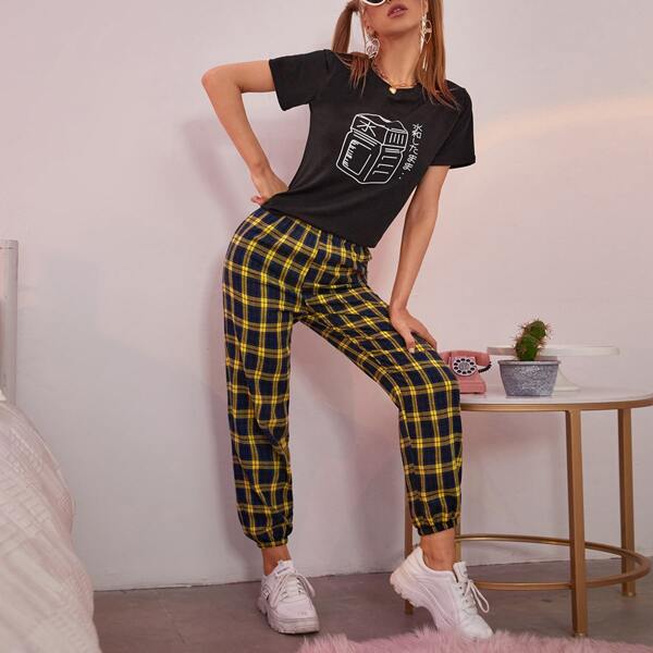 

Japanese Letter Graphic Tee & Plaid Pants, Multicolor