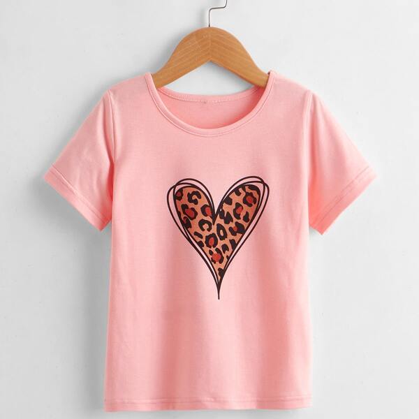 

Toddler Girls Leopard Heart Print Tee, Baby pink