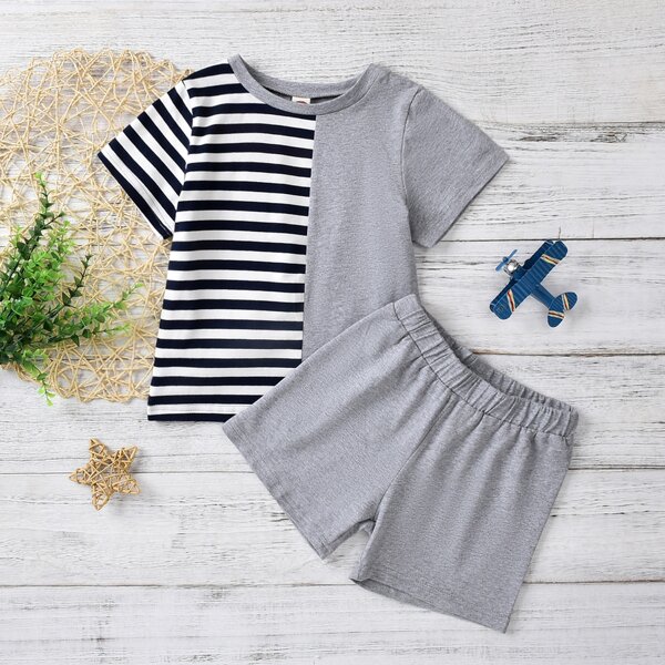 

Toddler Boys Striped Spliced Tee With Track Shorts, Multicolor
