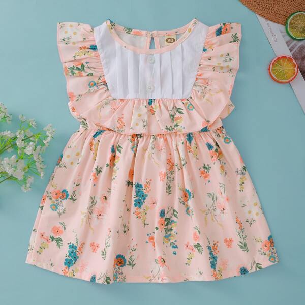 

Baby Girl Floral Print Ruffle Trim Dress, Baby pink