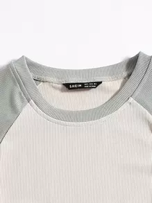SHEIN Unity Áo thun Gân đan Khối Màu Giải trí - Màu be - Xem 3