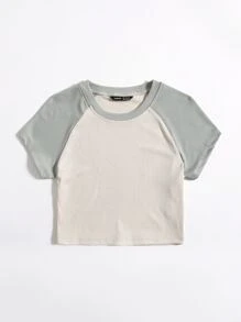 SHEIN Unity Áo thun Gân đan Khối Màu Giải trí - Màu be - Xem 4