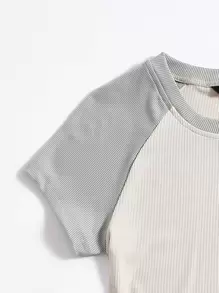SHEIN Unity Áo thun Gân đan Khối Màu Giải trí - Màu be - Xem 5