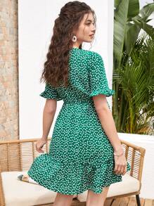 Vestido bajo fruncido con cordón delantero floral - Verde - Ver 2