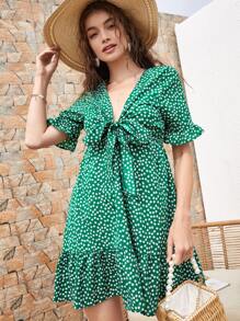 Vestido bajo fruncido con cordón delantero floral - Verde - Ver 4