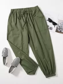 Mulvari 大碼素色結飾胡蘿蔔褲 - 軍綠色 - 查看 1