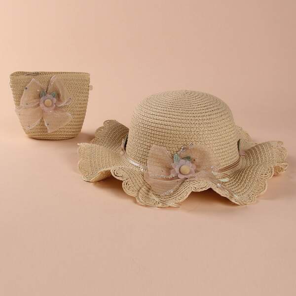 

Toddler Girls Flower Decor Straw Hat & Bag, Khaki