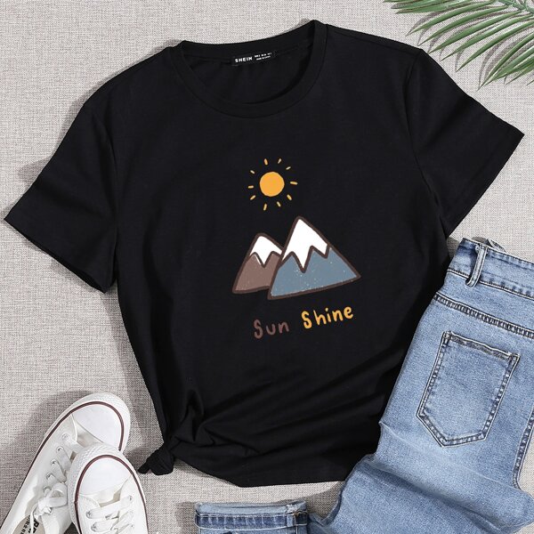 

Letter & Graphic Print Tee, Black
