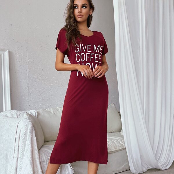 

Slogan Graphic Side Split Night Dress, Burgundy