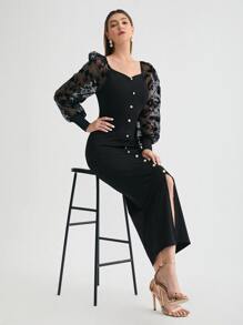 SHEIN 植絨花卉歐根紗燈籠袖開衩連衣裙 - 黑色 - 查看 3