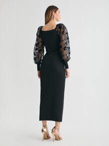 SHEIN 植絨花卉歐根紗燈籠袖開衩連衣裙 - 黑色 - 查看 2