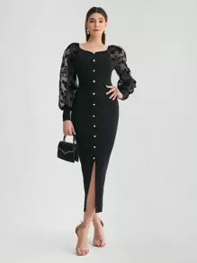 SHEIN 植絨花卉歐根紗燈籠袖開衩連衣裙 - 黑色 - 查看 1