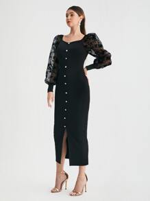 SHEIN 植絨花卉歐根紗燈籠袖開衩連衣裙 - 黑色 - 查看 4