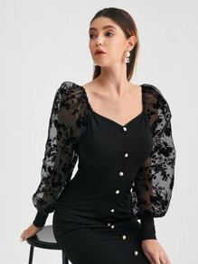 SHEIN 植絨花卉歐根紗燈籠袖開衩連衣裙 - 黑色 - 查看 5