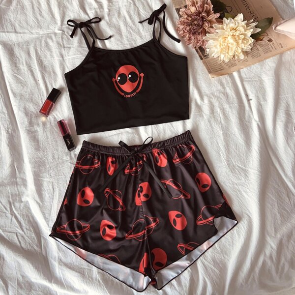

Alien Print Knot Cami Top With Shorts Pajama Set, Black