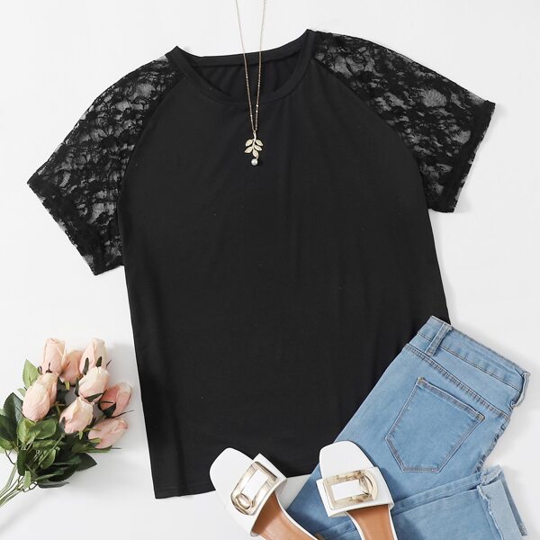 

Plus Contrast Lace Raglan Sleeve Tee, Black
