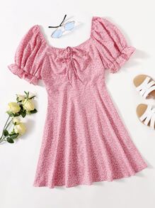 Dreamara Plus Puff Sleeve Drawstring Allover Print Milkmaid Dress - Dusty Pink - View 1