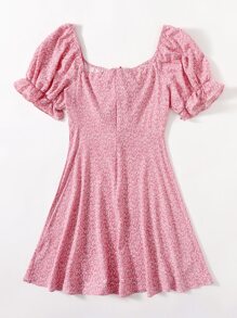 Dreamara Plus Puff Sleeve Drawstring Allover Print Milkmaid Dress - Dusty Pink - View 2