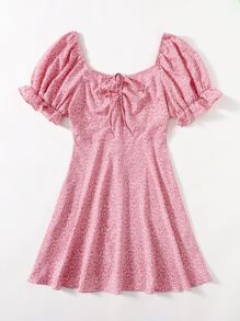 Dreamara Plus Puff Sleeve Drawstring Allover Print Milkmaid Dress - Dusty Pink - View 3
