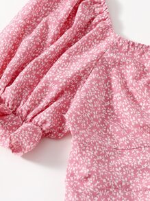 Dreamara Plus Puff Sleeve Drawstring Allover Print Milkmaid Dress - Dusty Pink - View 4