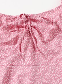 Dreamara Plus Puff Sleeve Drawstring Allover Print Milkmaid Dress - Dusty Pink - View 5