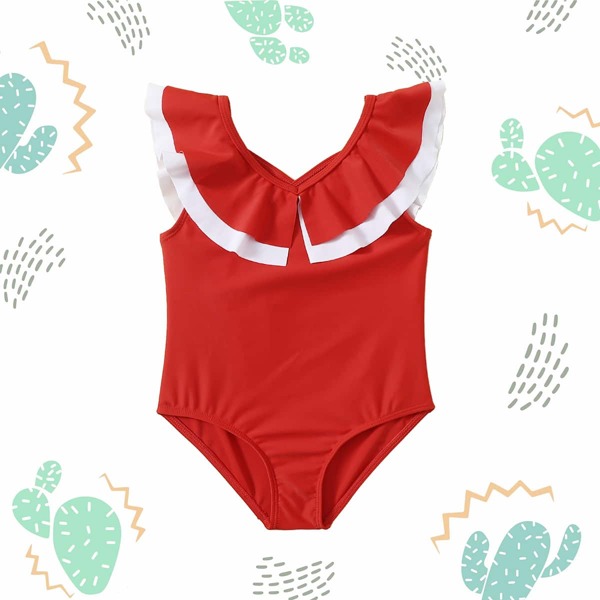 

Toddler Girls Ruffle Trim One Piece Swimsuit, Red and white