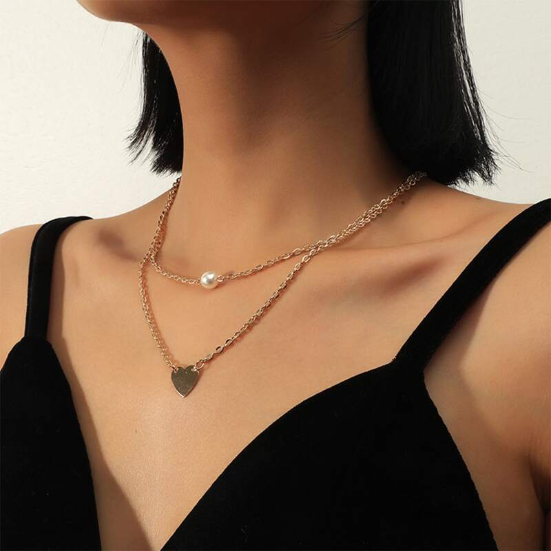 

Faux Pearl & Heart Layered Necklace, Gold