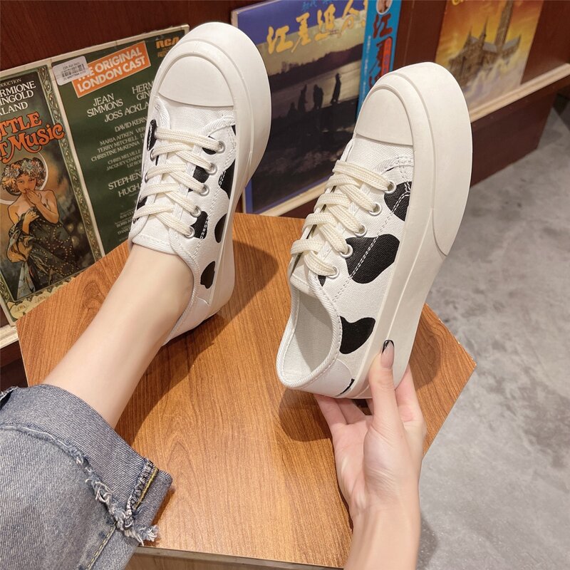 

Cow Print Lace-up Canvas Sneakers, Black and white