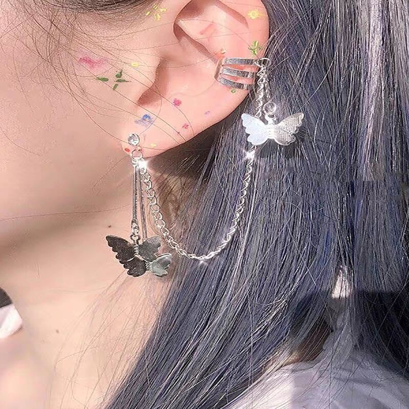 

1pc Butterfly Chain Ear Cuff, Silver