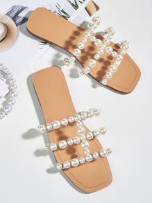 French Faux Pearl Decor Flat Sandals Women, Fashion Strap Beach Slippers For Vacation - Clear - View 2