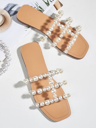 French Faux Pearl Decor Flat Sandals Women, Fashion Strap Beach Slippers For Vacation